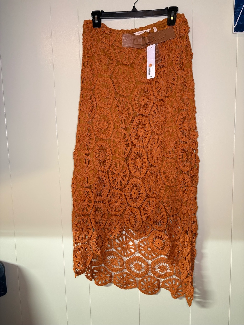 Soft Surroundings Rust Orange Crochet Midi Skirt with Waist Belt